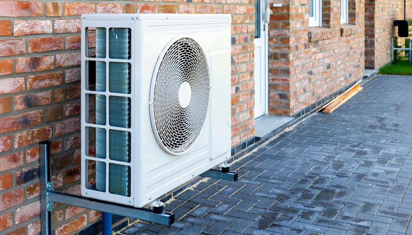 An outdoor air-source heat-pump condenser unit installed beside a home