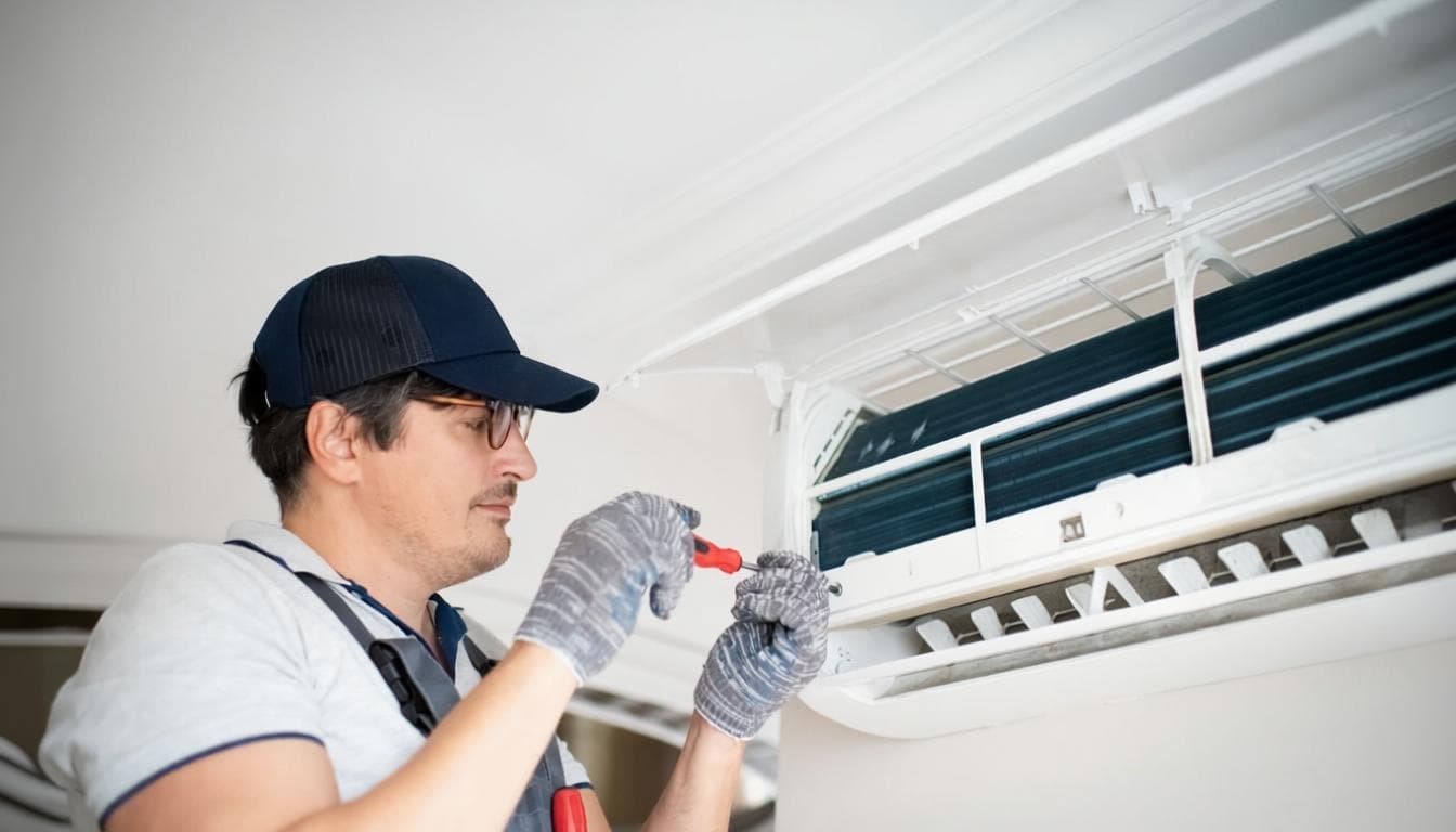 A professional installer fitting a wall air-conditioning unit in a home