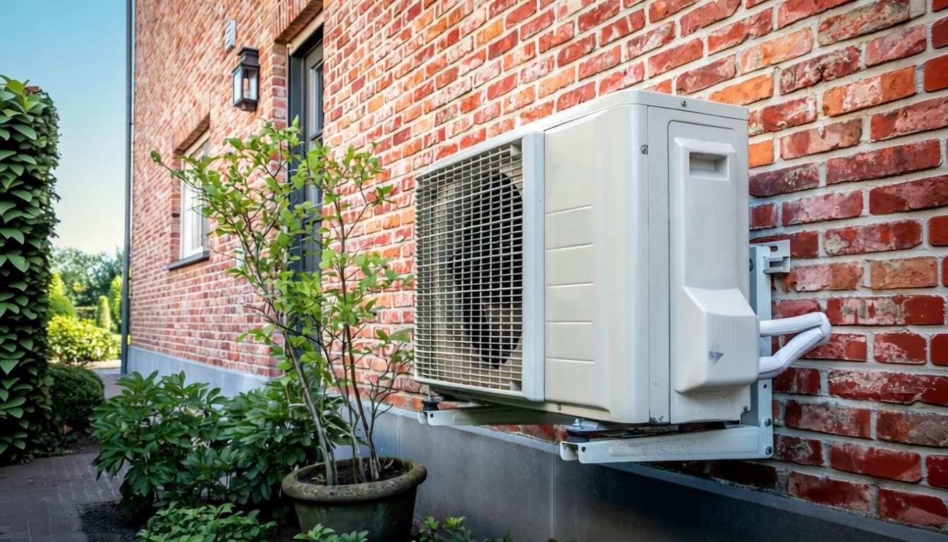 A clean outdoor air-conditioning condenser unit mounted on a brick house wall